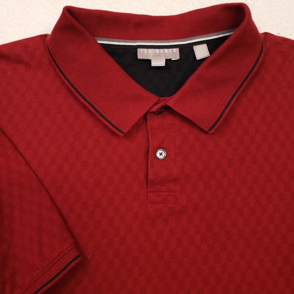 Ted Baker Polo Shirt Men XXL Red Textured Diamond Cotton Short Sleeve 1864954